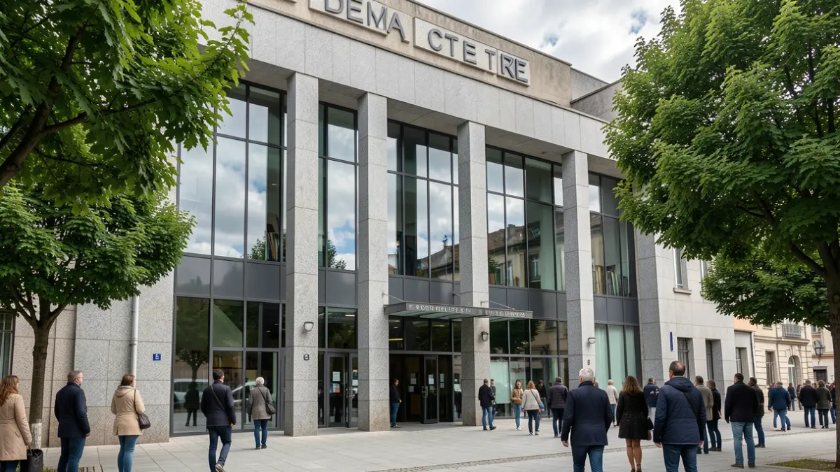 Imaxe xenérica dunha biblioteca pública moderna en Galicia con detalles de granito e ceo nubrado.