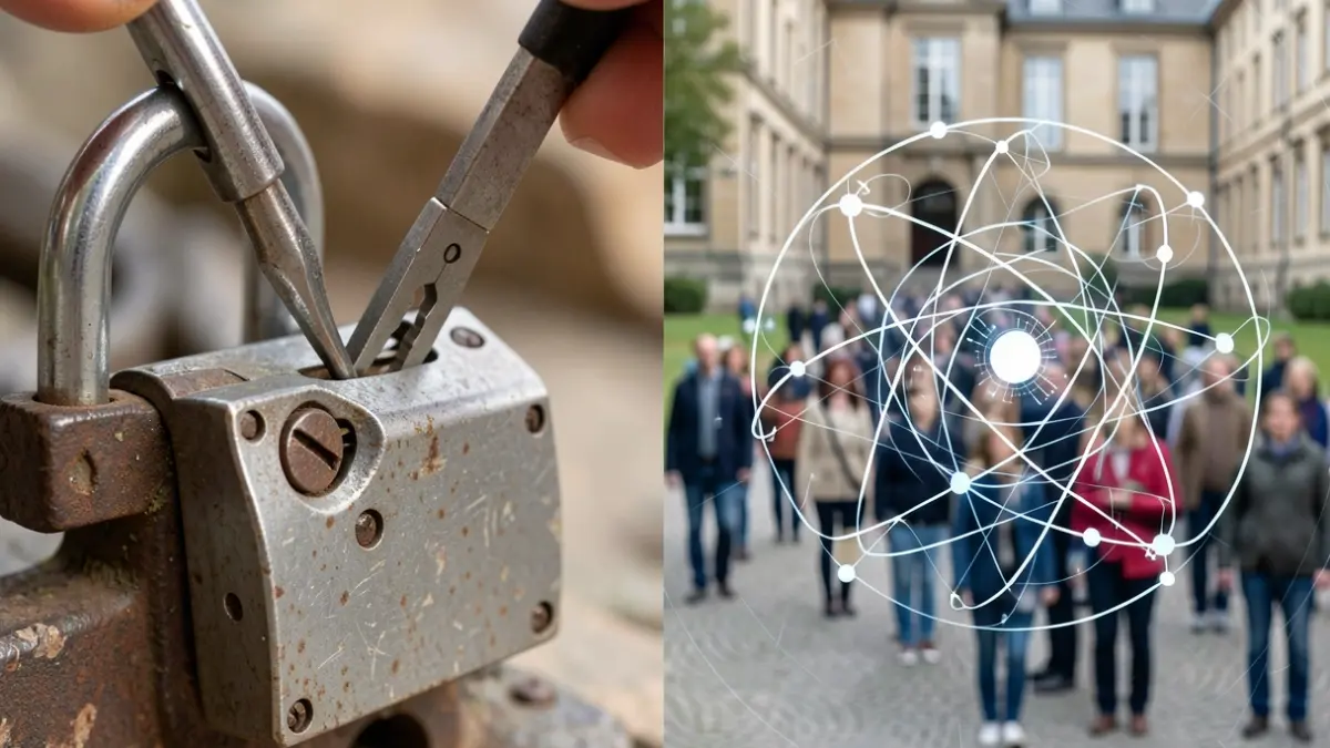 Imaxe xenérica dunha ferramenta de lockpicking sobre un cadeado e símbolos de criptografía cuántica.