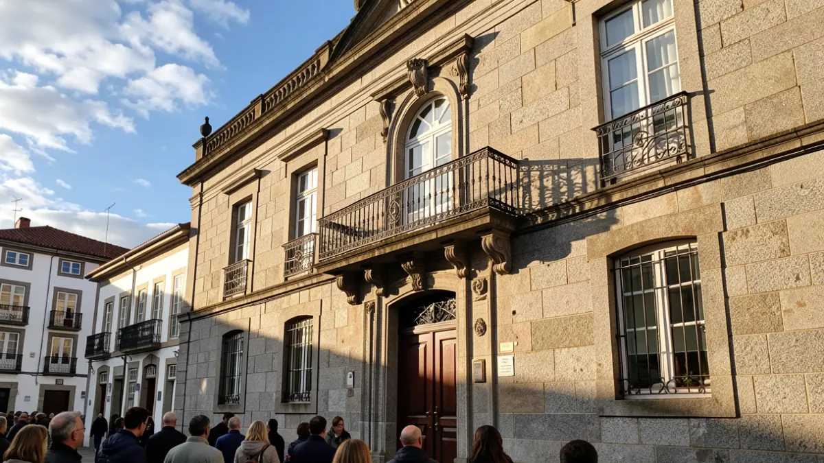 Imagen genérica de un ayuntamiento gallego de granito con balcón ornamentado, bajo la luz del sol de la tarde.