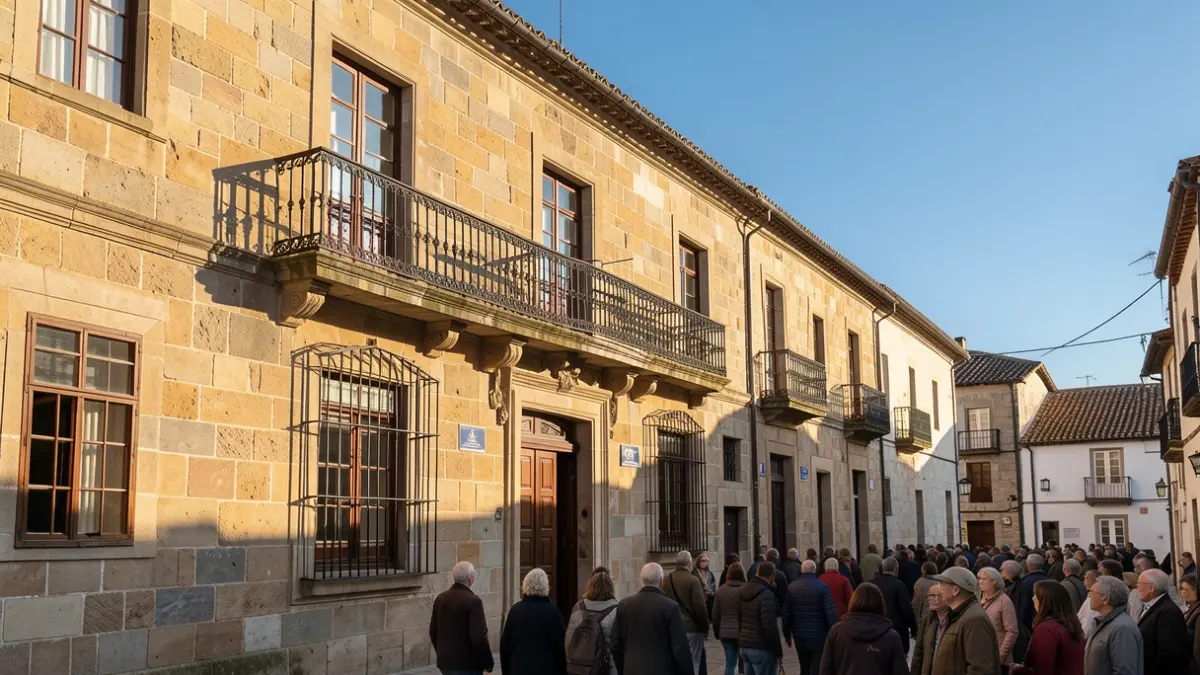 Generic image of a traditional Galician stone town hall facade with an ornate balcony and iron railings, warm afternoon light, blue sky.