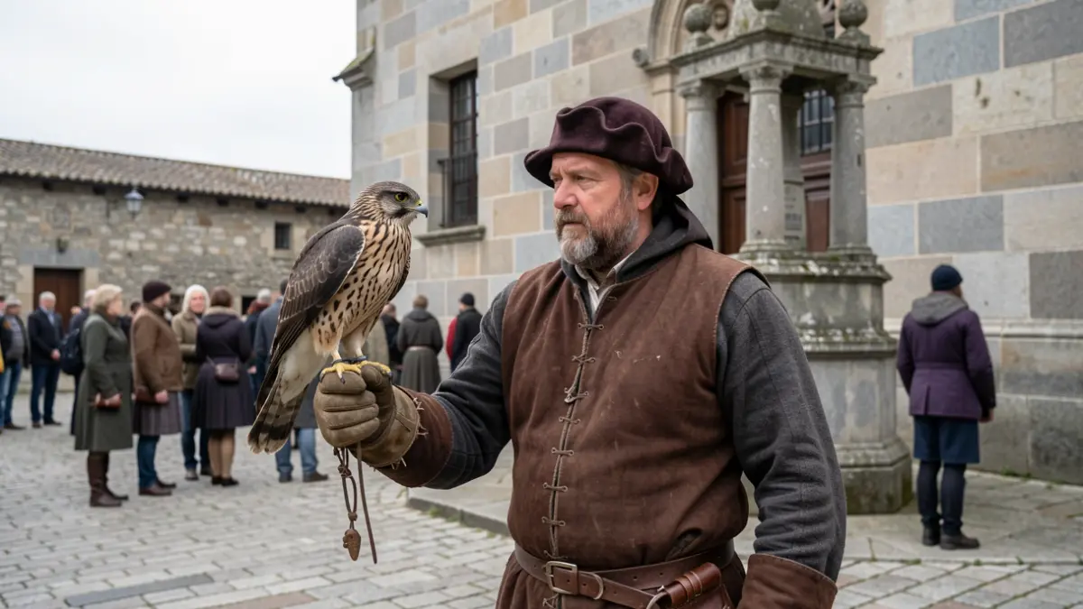 Imagen de un cetrero gallego con aves rapaces frente a un edificio de piedra.