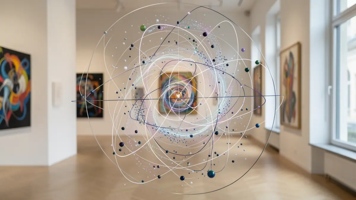 Imagen genérica de partículas abstractas y formas geométricas entrelazadas, evocando conceptos de física cuántica y arte.