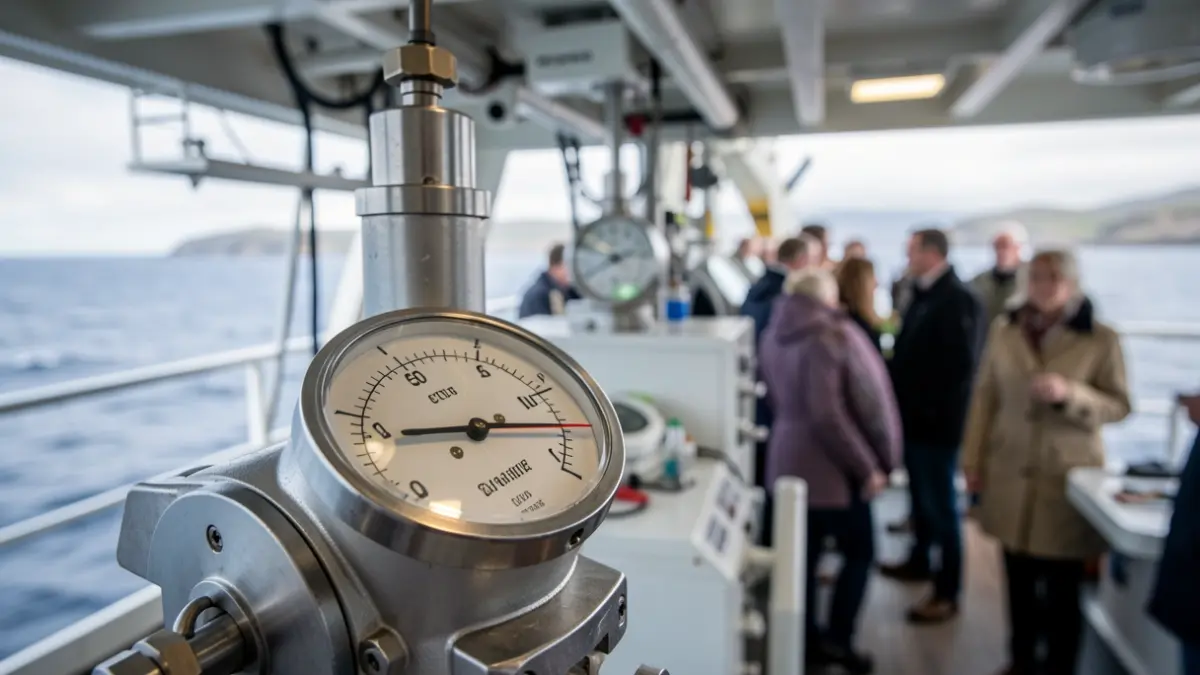 Imaxe dun instrumento científico medindo CO2 en auga mariña, co interior dun buque oceanográfico desenfocado ao fondo.