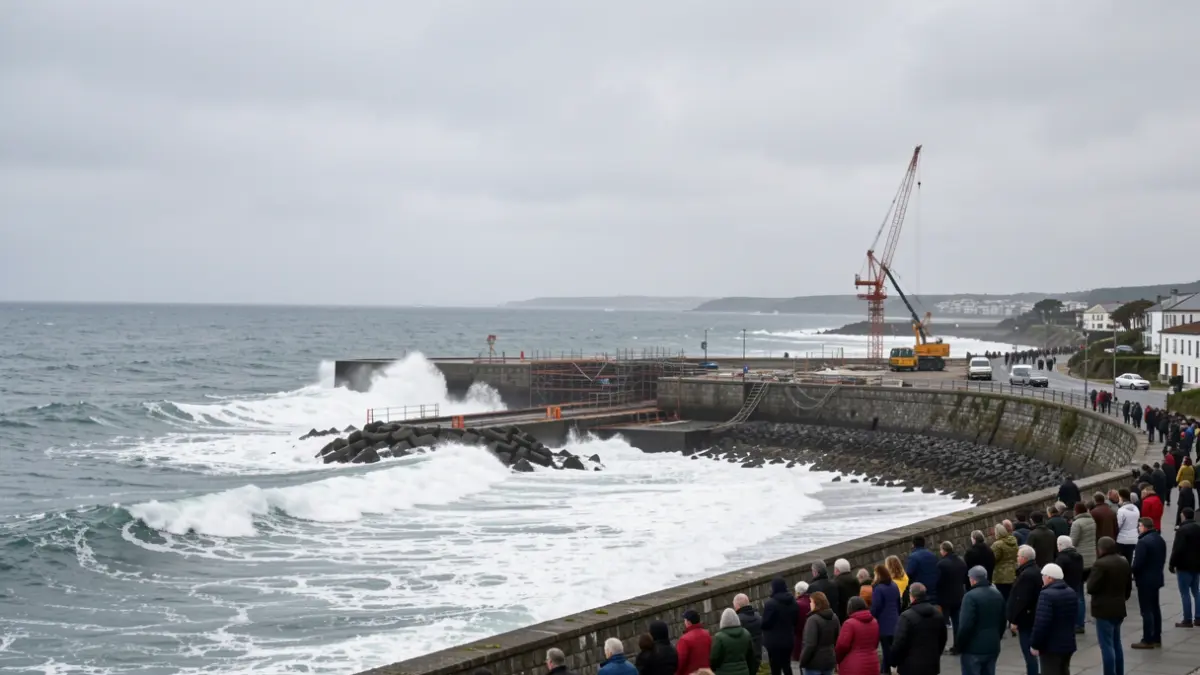Imagen genérica de un contradique en construcción en la costa gallega, con olas y cielo nublado.