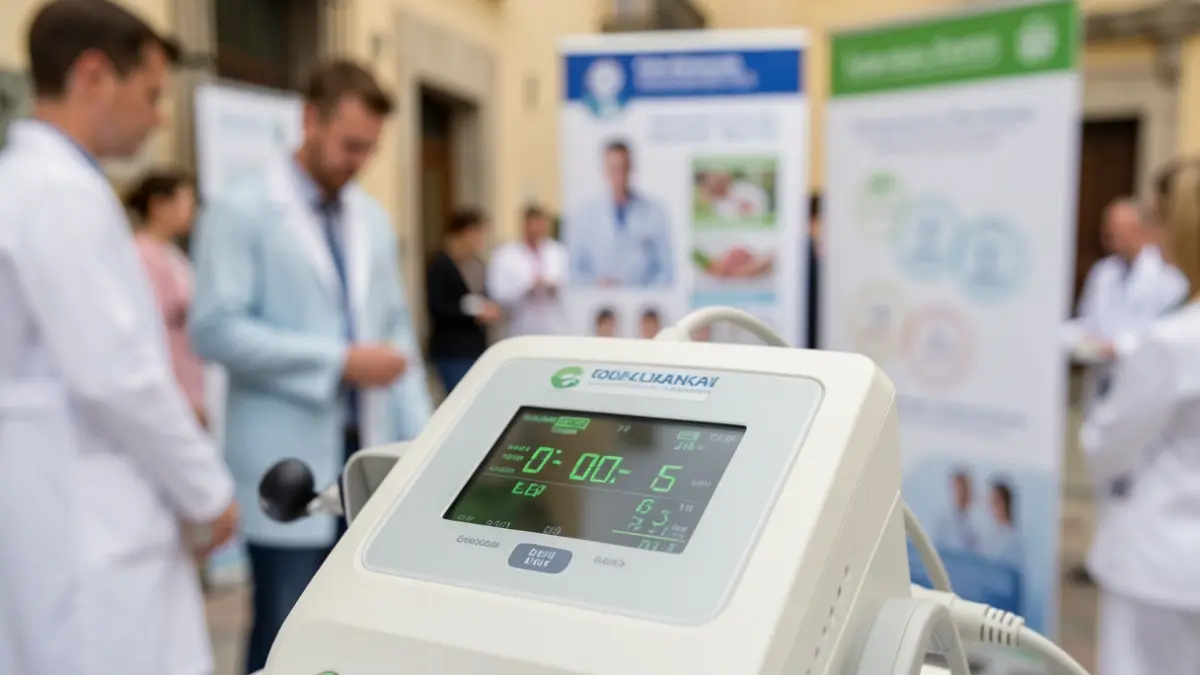 Imaxe xenérica dun cooxímetro médico medindo os niveis de monóxido de carbono, con profesionais sanitarios e carteis informativos ao fondo.