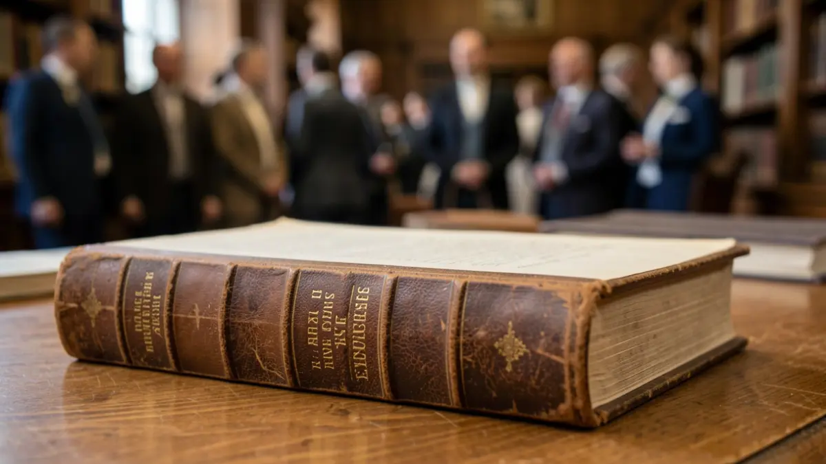 Imaxe xenérica dun libro antigo de tapa de coiro sobre unha mesa de madeira.