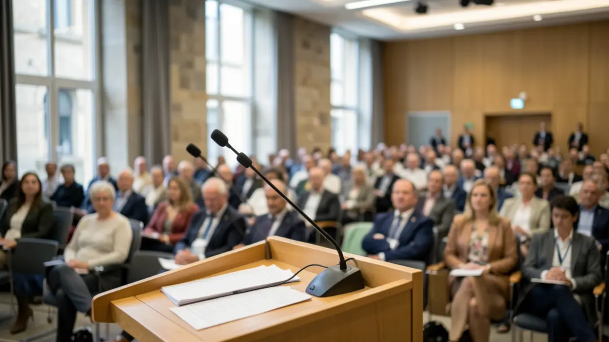 Imaxe xenérica dun salón de actos moderno en Galicia con atrís e público difuminado.