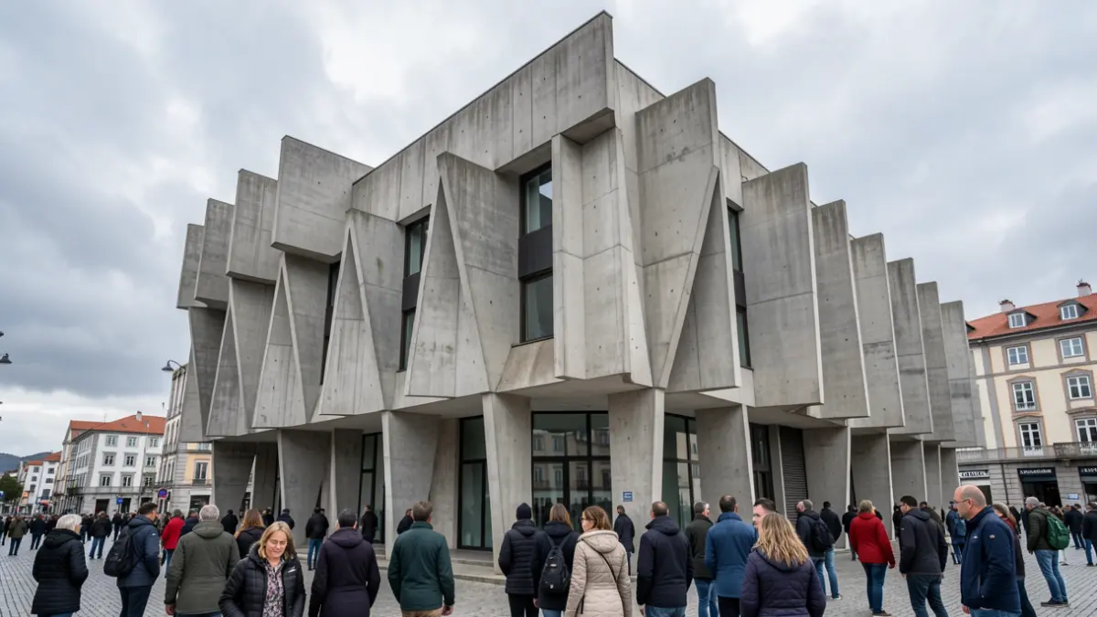 Fachada dun edificio brutalista na Coruña, Galicia, con formas xeométricas de formigón e ángulos agudos, baixo un ceo atlántico nubrado.