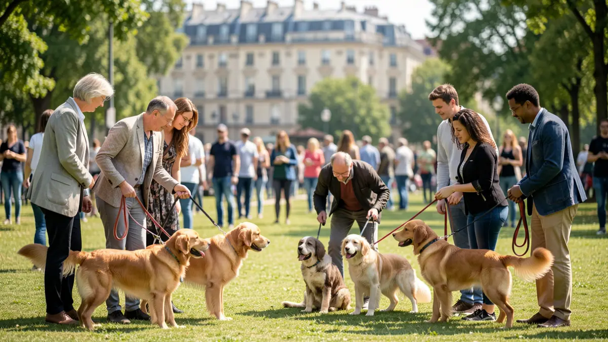 Imagen genérica de personas y perros en un parque urbano durante una jornada de bienestar animal.