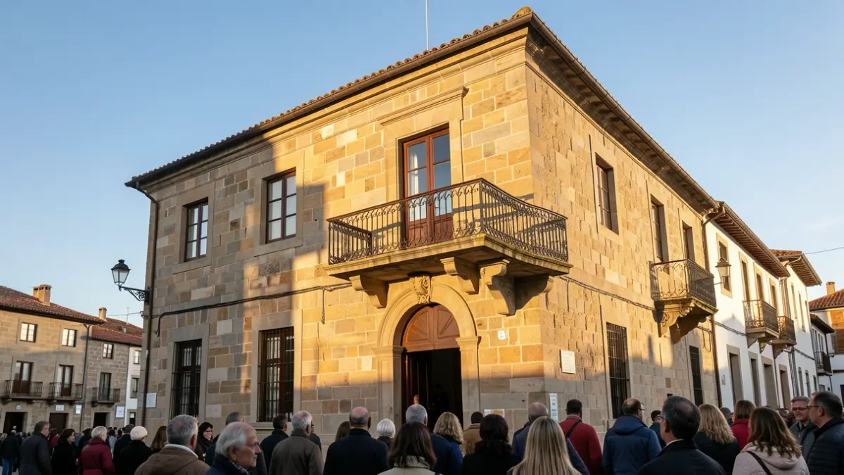 Generic image of a stone Galician town hall facade with an ornate balcony and clear sky.