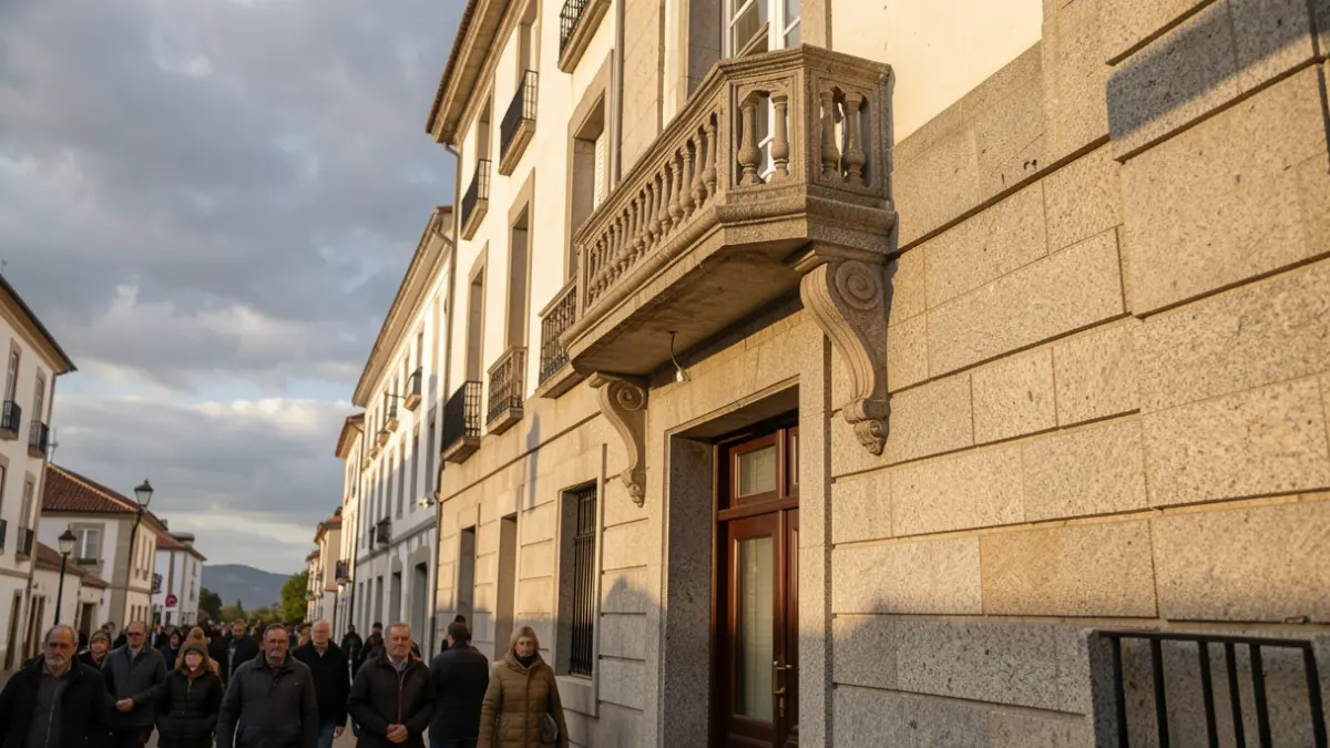 Imaxe xenérica dun edificio institucional con balcón e ceo nubrado.