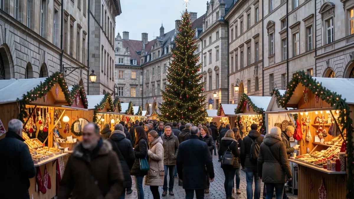 Imaxe dun mercado de Nadal na praza principal da Coruña con árbores iluminadas e postos de comida.