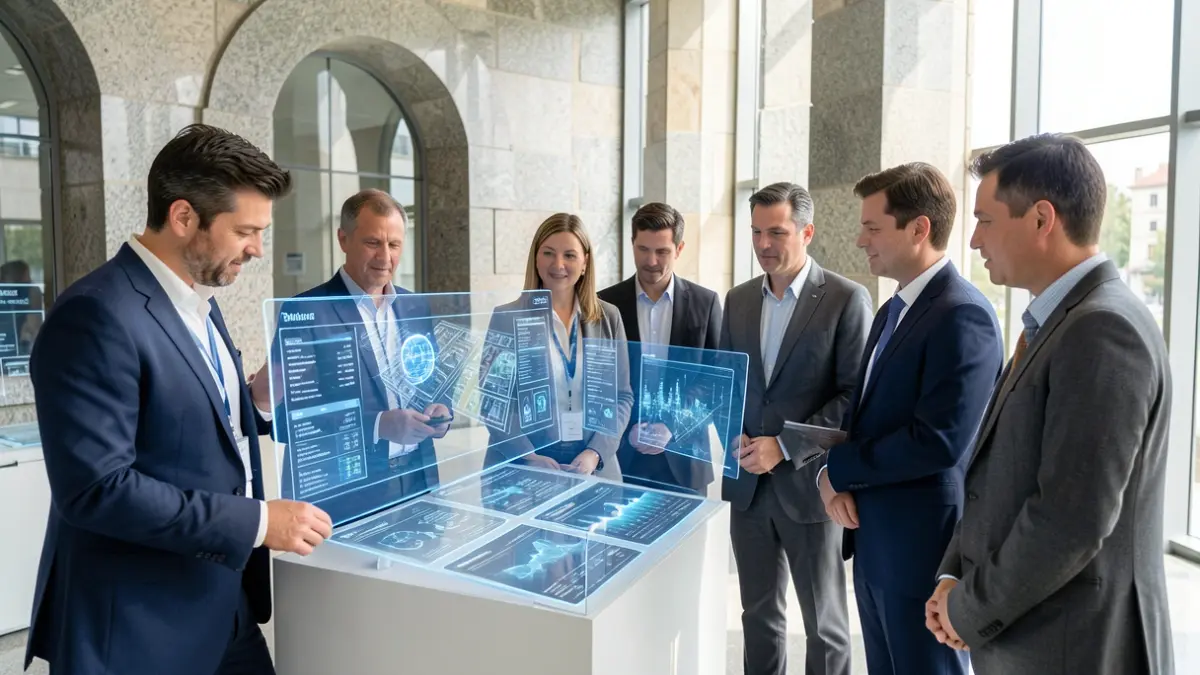 Imaxe xenérica dunha delegación internacional observando datos de intelixencia artificial nun centro tecnolóxico.