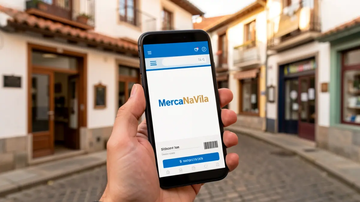 Generic image of a hand holding a smartphone with a discount voucher, with traditional shops in the background.