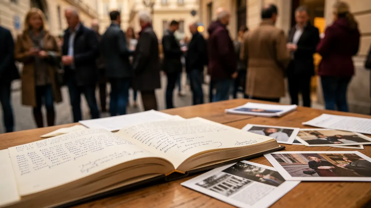 Primeiro plano dun libro aberto con notas manuscritas e fotografías espalladas arredor nunha mesa de madeira, luz ambiente cálida, profundidade de campo reducida.
