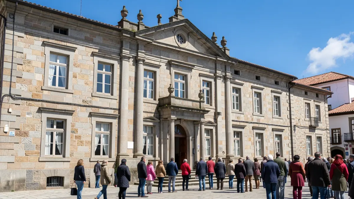 Generic image of a traditional Galician stone building with granite details and a blue sky.
