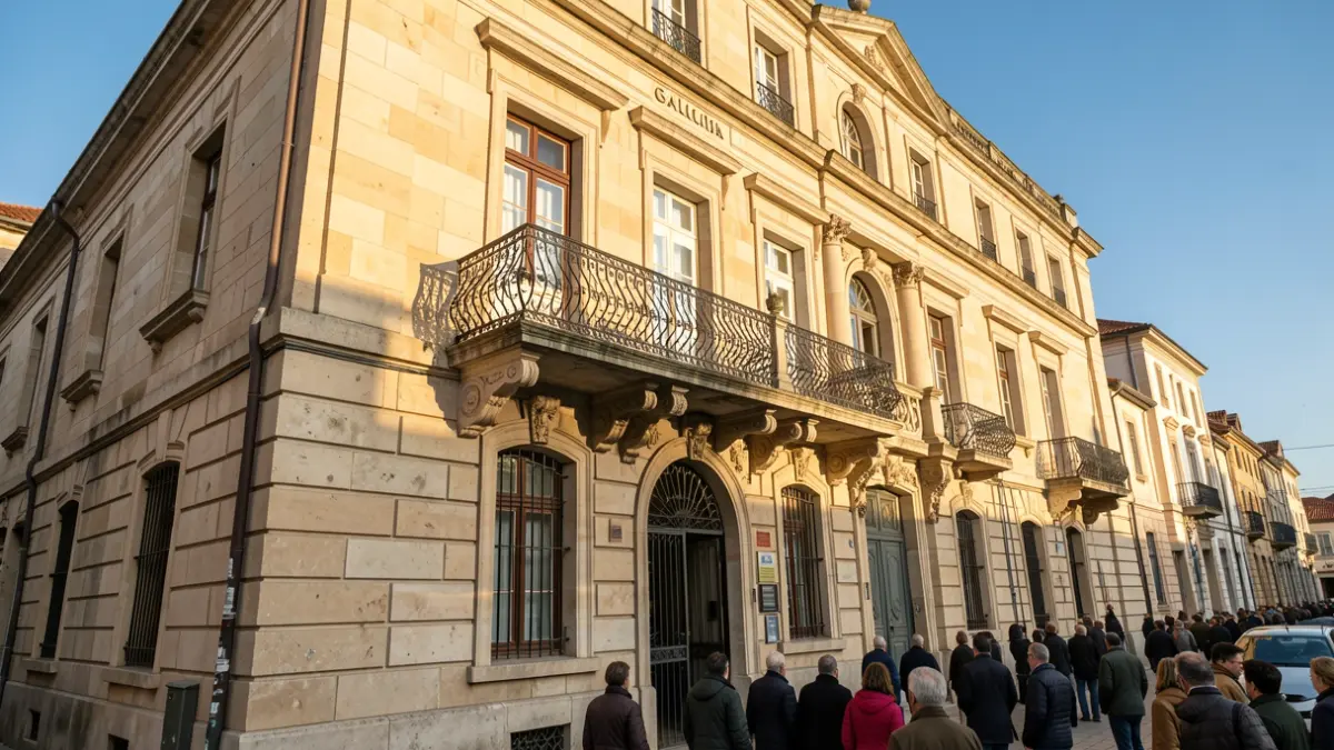 Imaxe xenérica dun edificio institucional de pedra con balcón e sol da tarde.