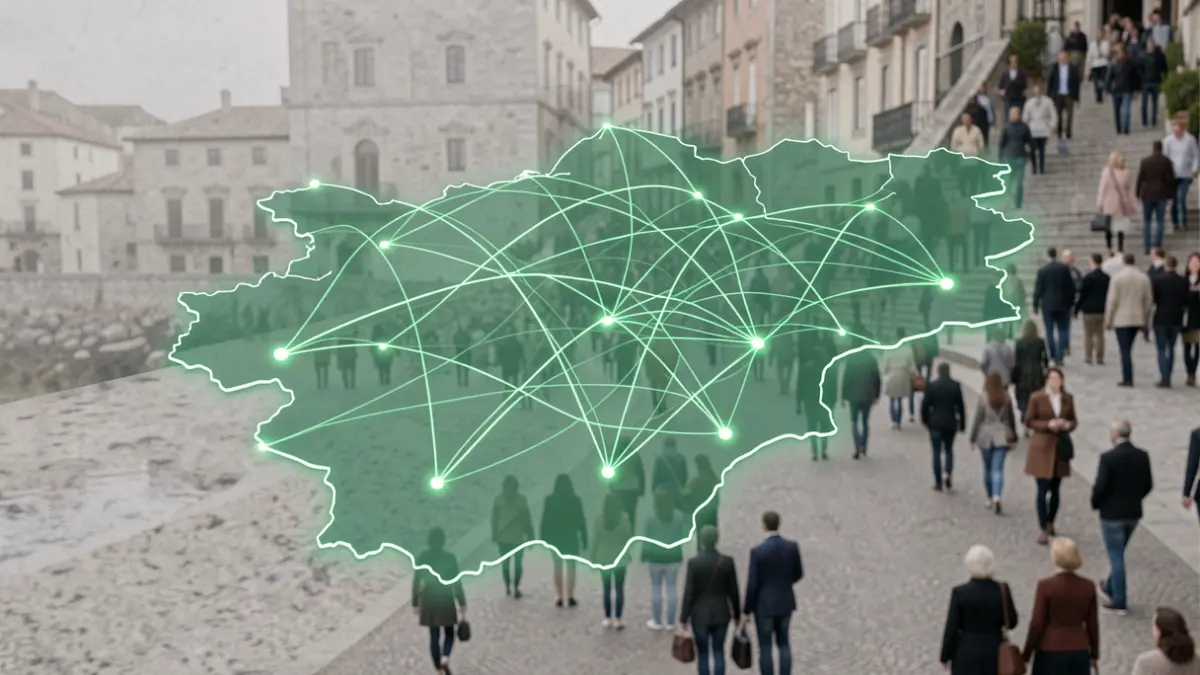 Imagen genérica de representación digital de una provincia gallega con datos interconectados.