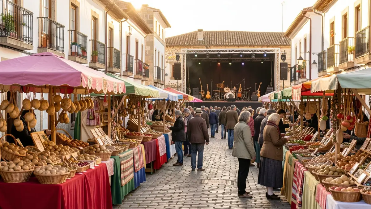 Generic image of a Galician town square decorated for a local festival with stalls of potatoes and crafts.
