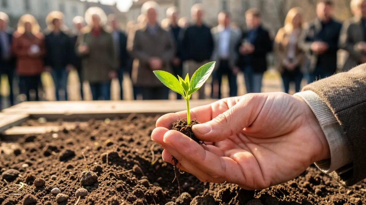 Generic image of a hand holding a small green plant on fertile soil, with warm natural light.