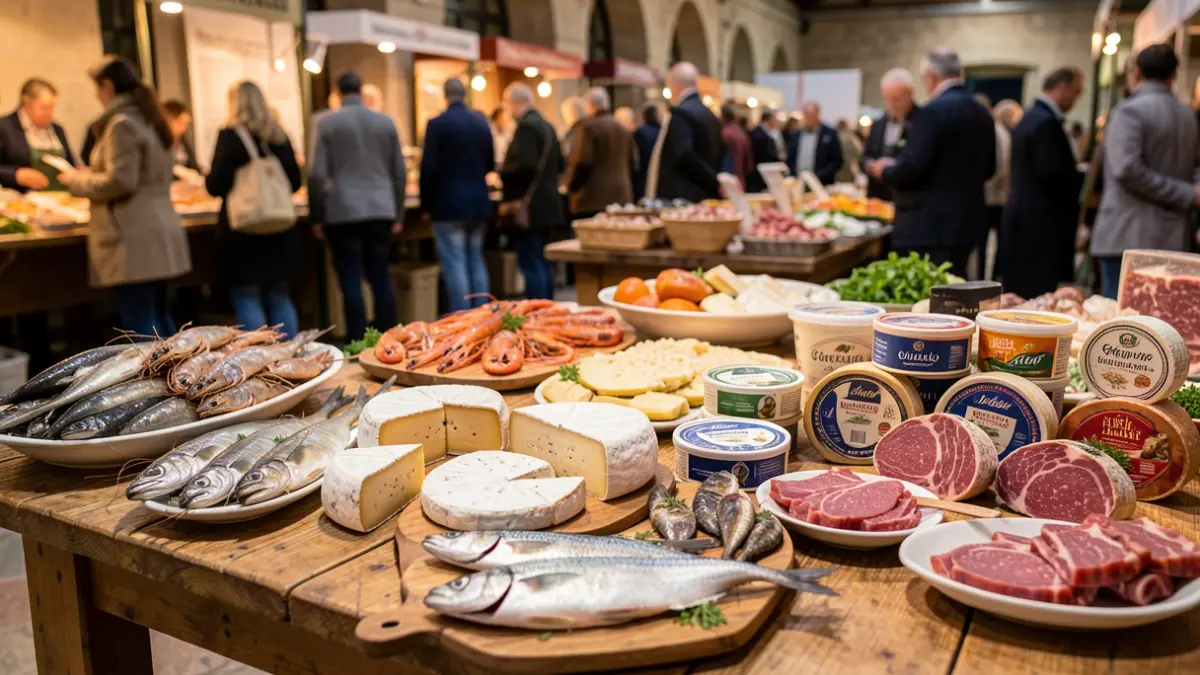 Imaxe xenérica de produtos gastronómicos galegos, incluíndo mariscos, queixos e carnes, presentados nunha mesa de madeira.