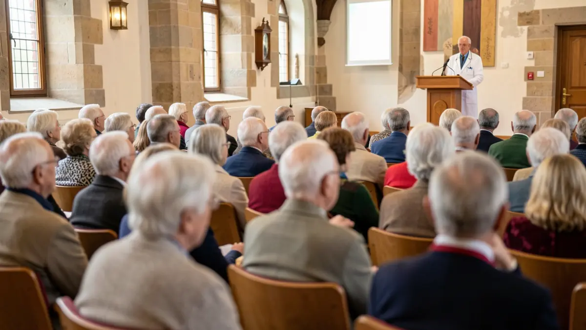Generic image of an auditorium with elderly people listening attentively and a doctor at a podium.