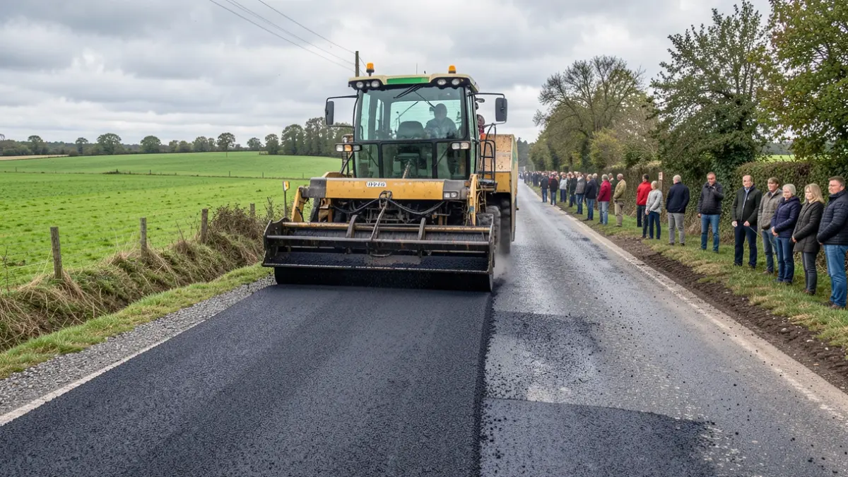 Generic image of an asphalt paving machine laying a new layer of bituminous mix on a rural Galician road.
