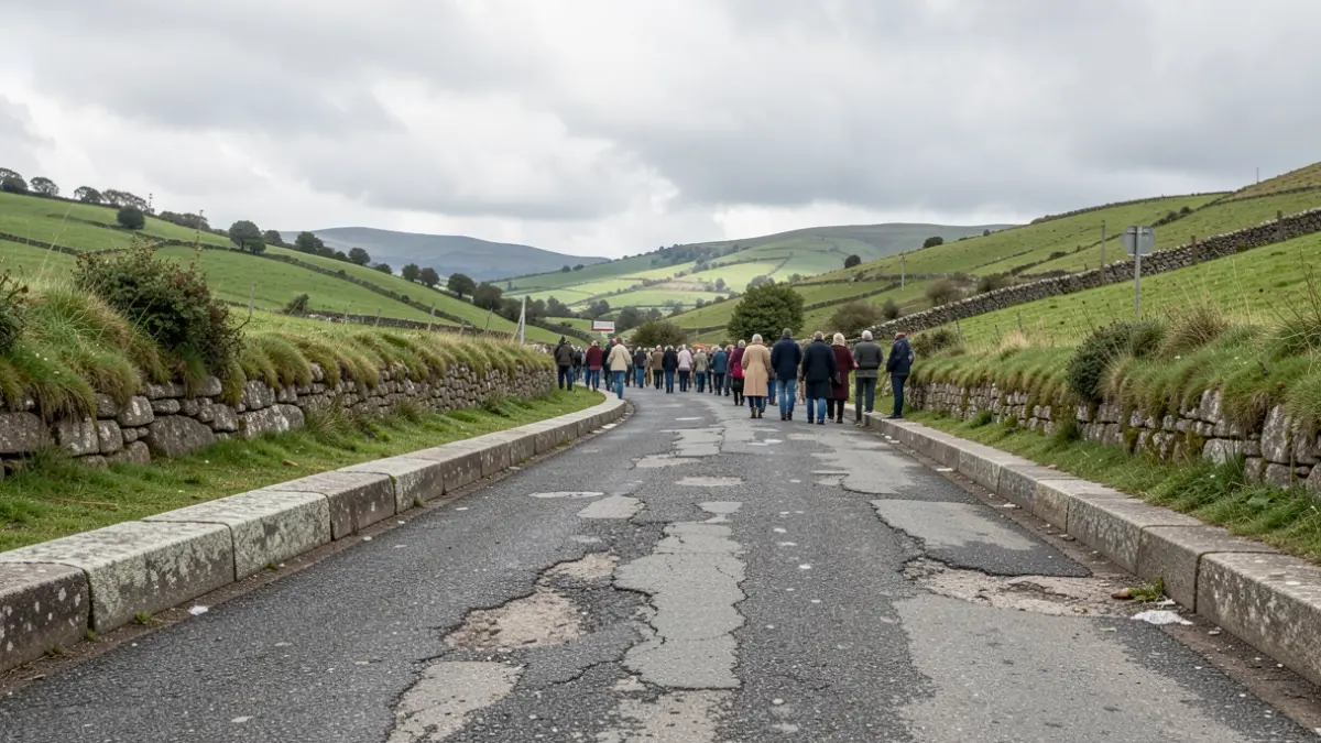 Generic image of a rural Galician road with worn pavement and green surroundings under a cloudy sky.