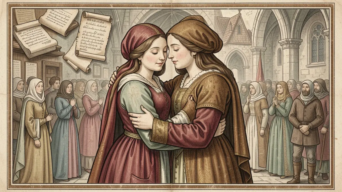 Imaxe xenérica de ilustración medieval con dúas mulleres e elementos de manuscritos.