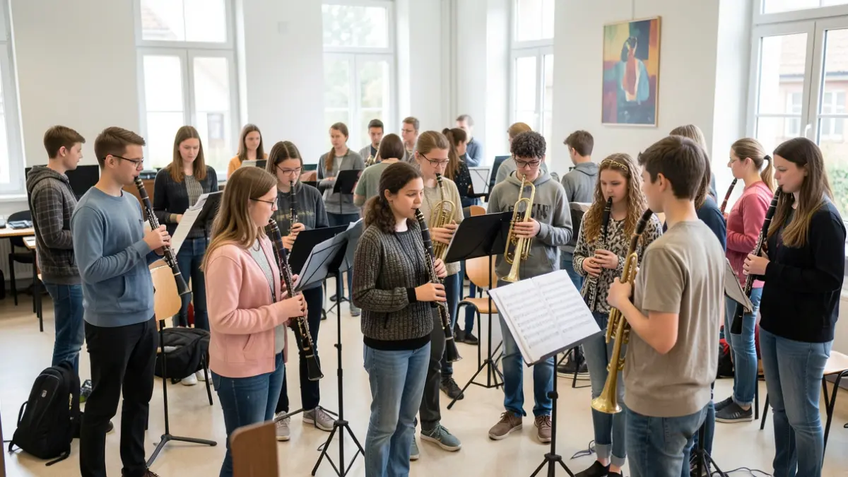 Generic image of music students in a bright classroom, with instruments like clarinets and trumpets.