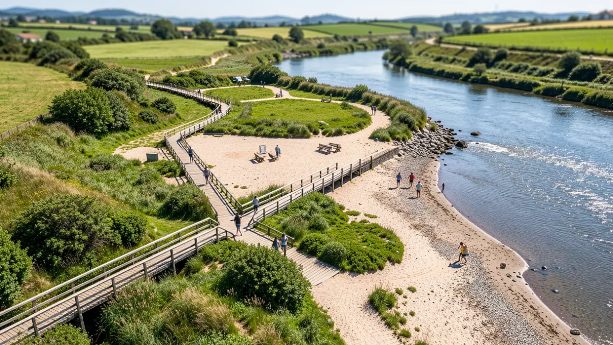 Imagen genérica de una playa fluvial con pasarelas de madera y vegetación alrededor.