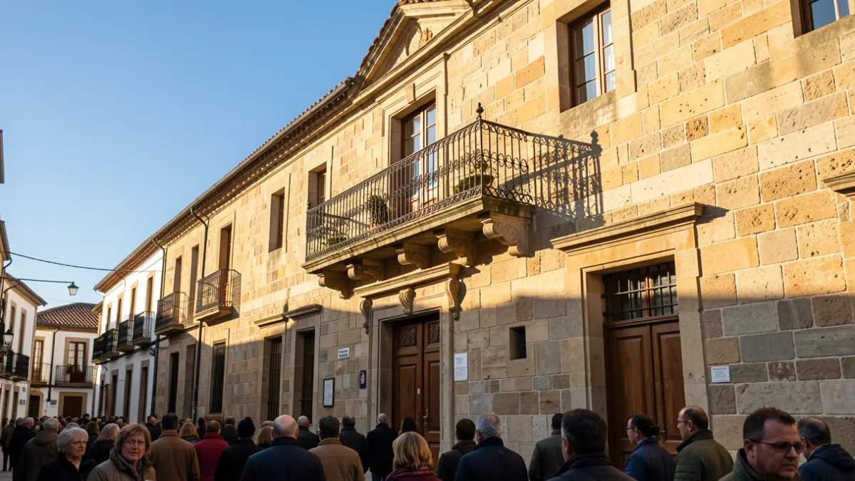 Imaxe xenérica dunha fachada de Concello de pedra con balcón ornamentado e raís, luz cálida da tarde, ceo azul.