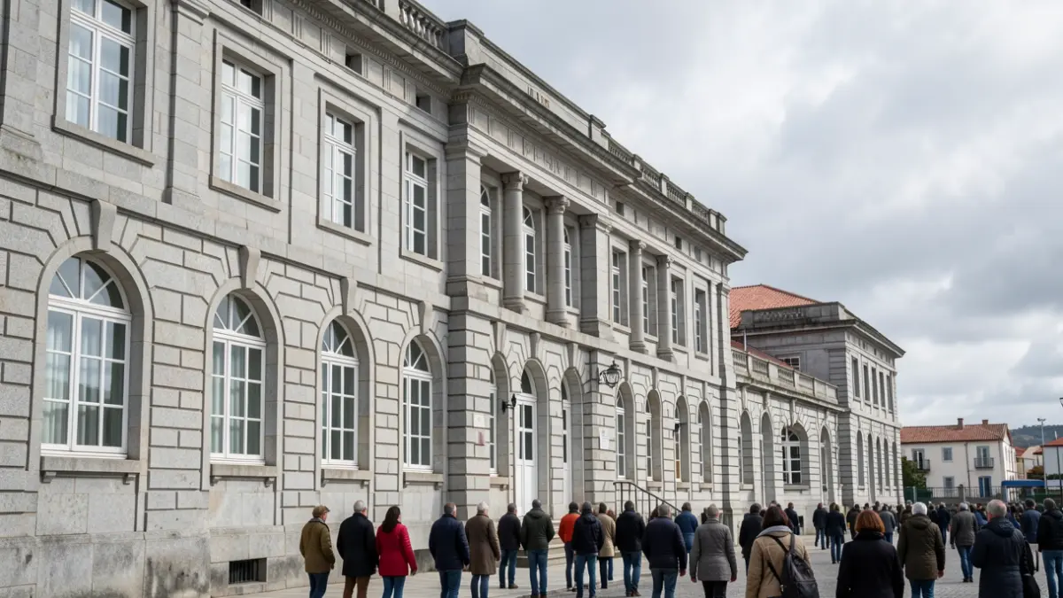 Imaxe xenérica do Hospital Naval de Ferrol, Galicia, con arquitectura de granito baixo un ceo nubrado.