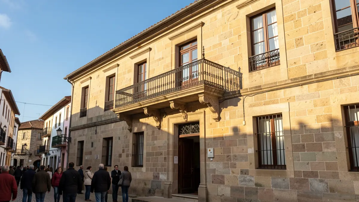 Imagen genérica de una fachada de ayuntamiento de piedra gallego con balcón ornamentado y barandillas, luz cálida de la tarde.