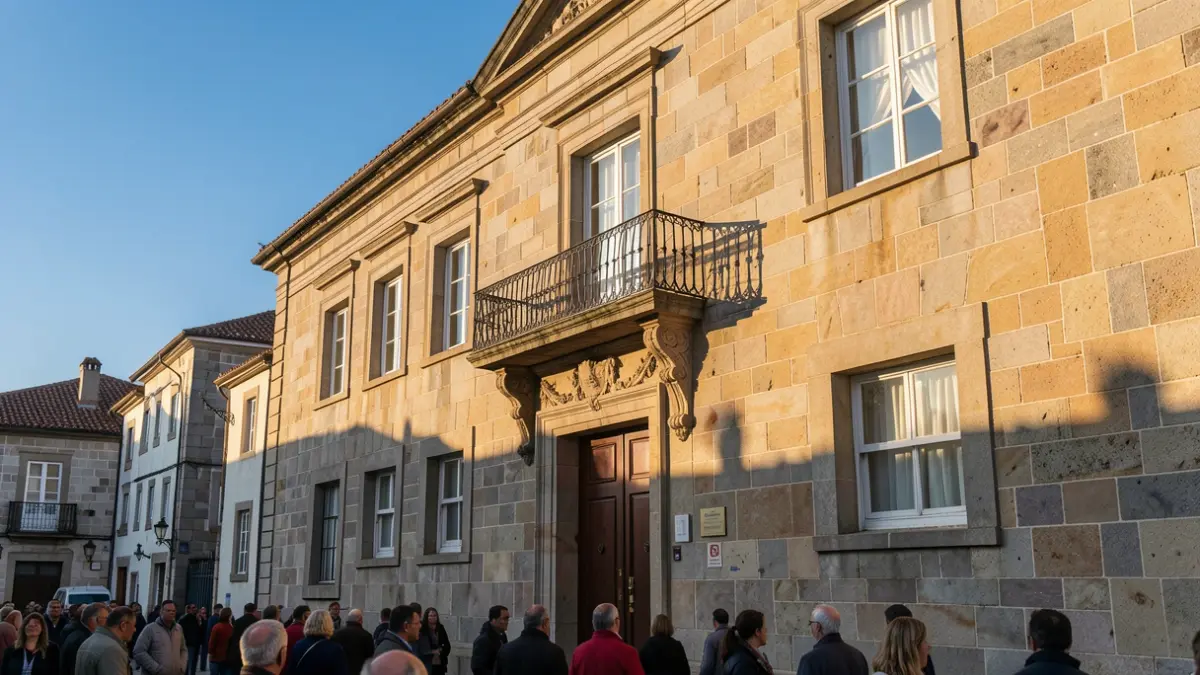 Imaxe xenérica dunha fachada de concello galego de granito con balcón ornamentado e reixas de ferro, baixo a luz cálida da tarde e ceo azul.