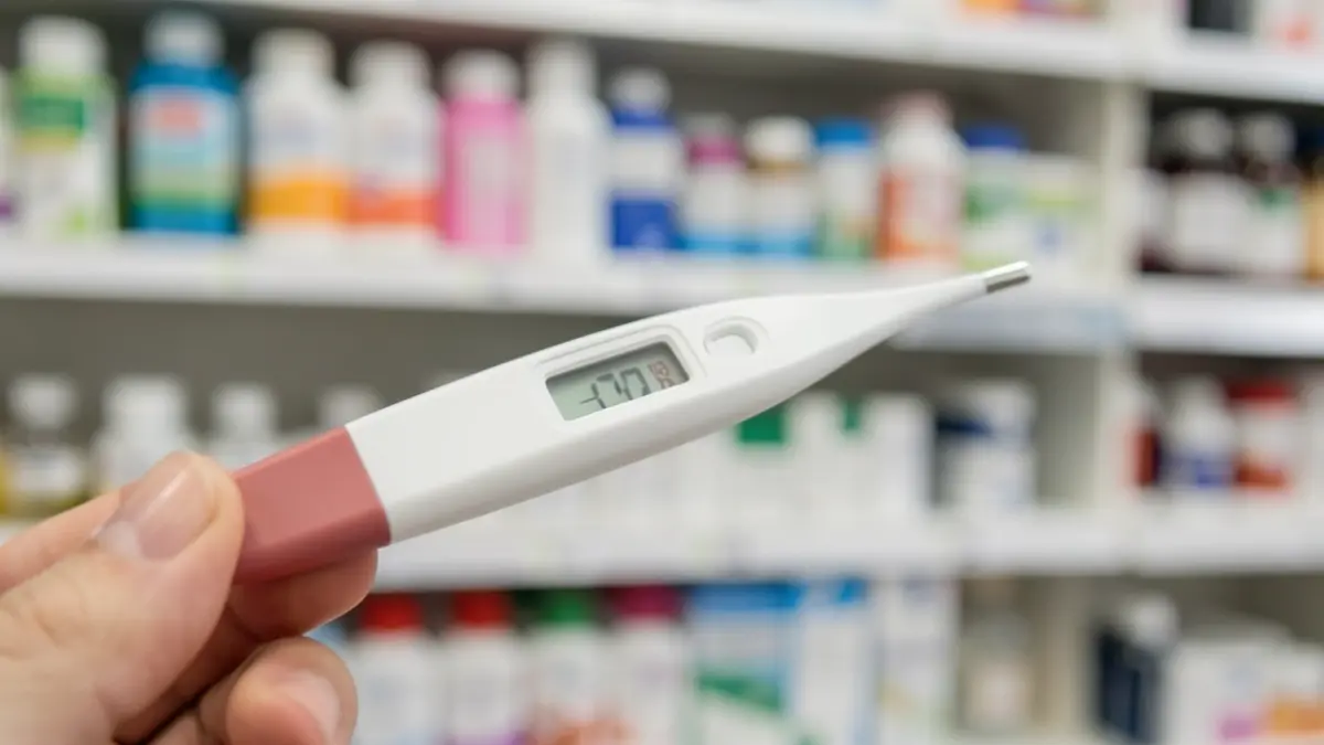Imaxe xenérica dun termómetro médico cunha temperatura lixeiramente elevada, cun fondo desfocado de medicamentos.
