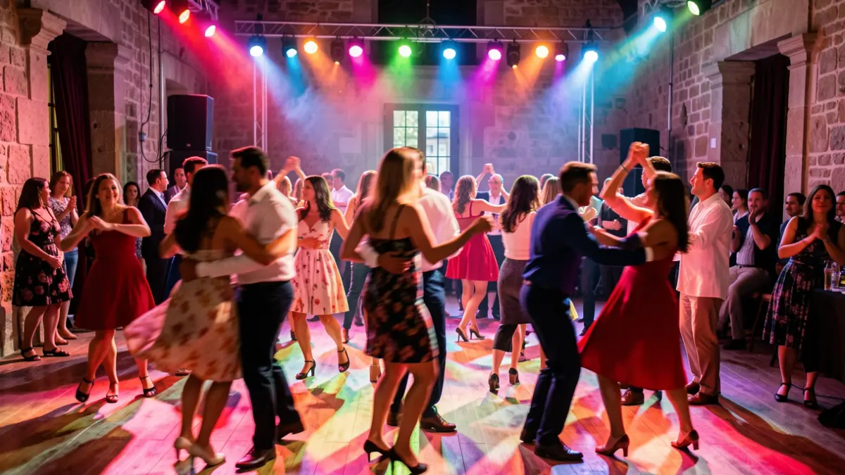 Generic image of a dance floor with blurred motion of dancers and spotlights.