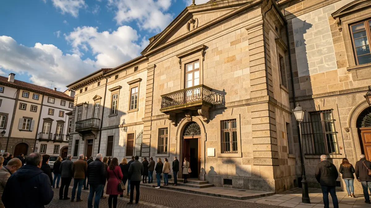 Generic image of a Galician town hall facade with an ornate balcony and sunlight.