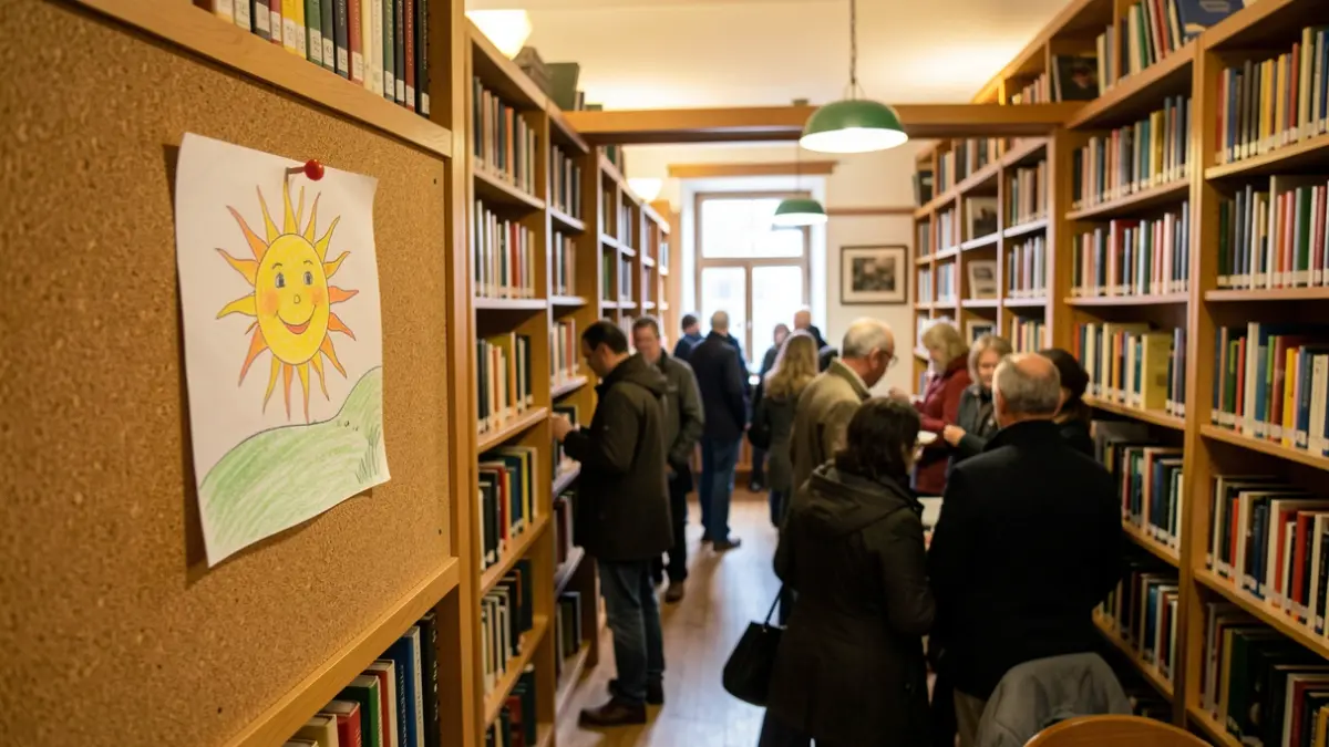 Imaxe xenérica dunha biblioteca pública galega con andeis cheos de libros e debuxos infantís nun taboleiro.