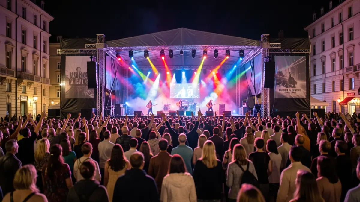 Imagen genérica de un escenario de festival de música por la noche, con luces de colores y público difuminado.