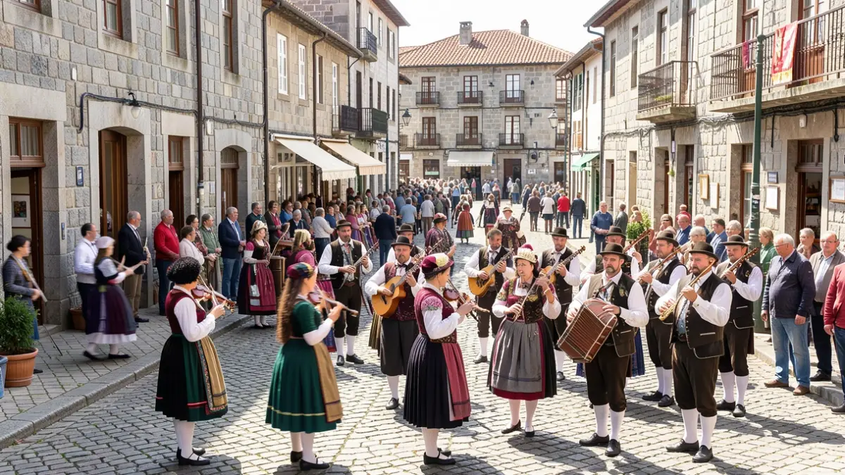 Imaxe dunha rúa do casco histórico de Lugo con grupos de música tradicional actuando en varias prazas.