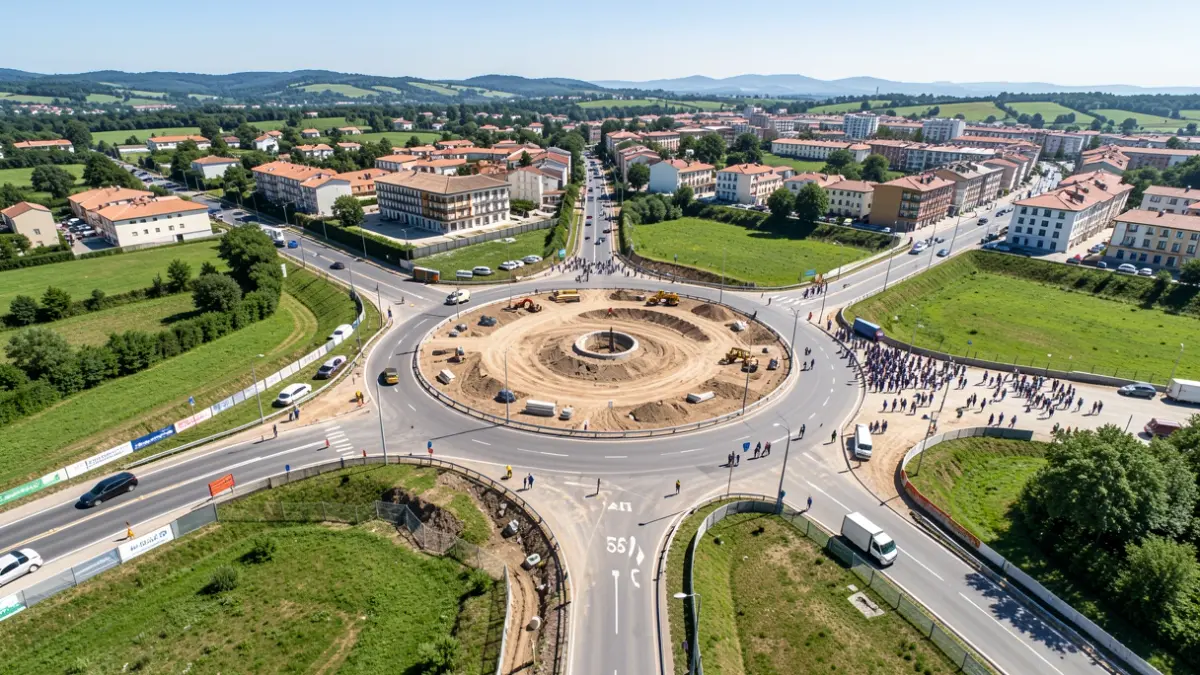 Vista aérea dun proxecto de transformación dunha estrada na N-550 en Arcade, Soutomaior, cunha nova rotonda en construción.