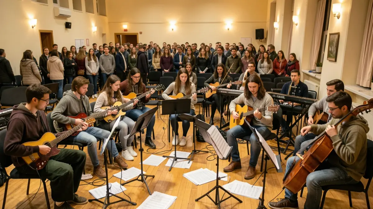 Imagen genérica de un grupo diverso de estudiantes universitarios tocando instrumentos musicales en una sala de ensayo.