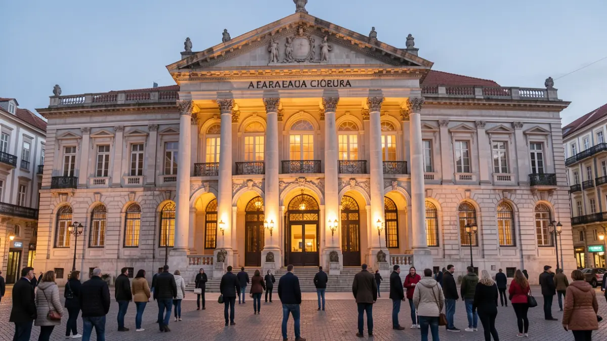 Fachada del Teatro Colón de A Coruña iluminada al anochecer.