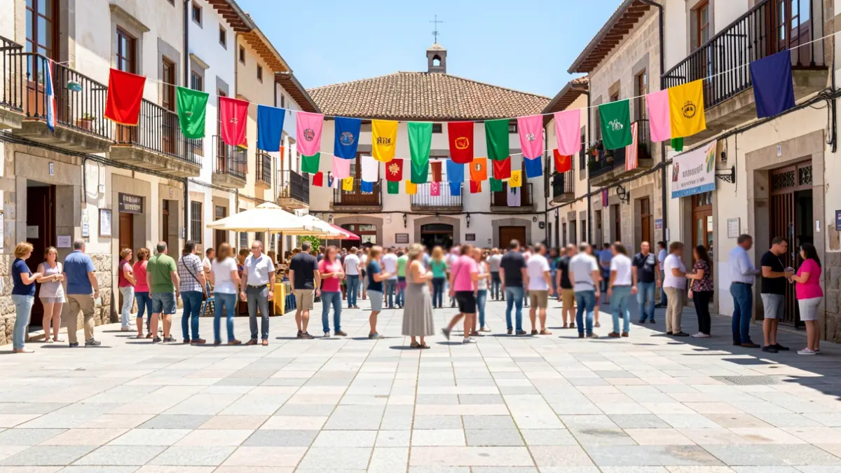 Generic image of a Galician town square with people and festive decorations.