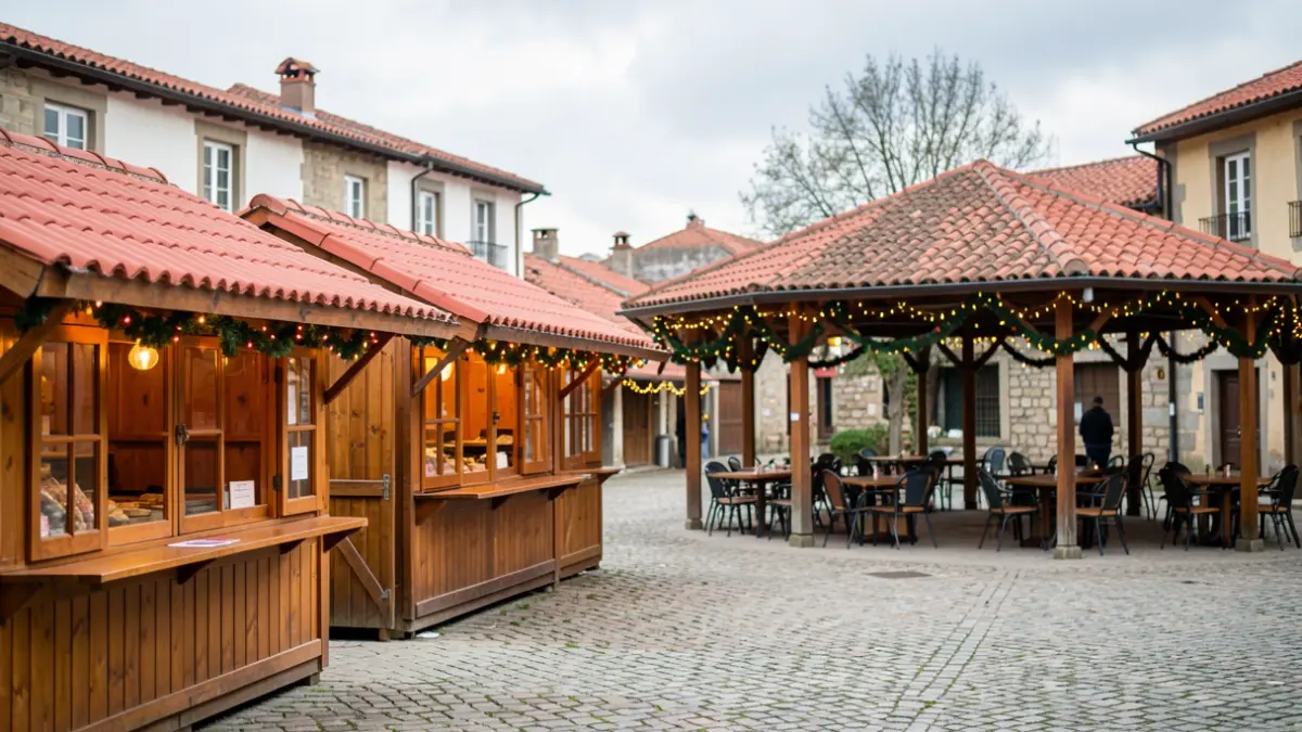 Generic image of wooden stalls set up in a square with Christmas decorations.