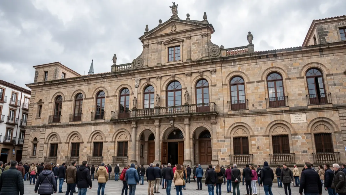 Fachada do Antigo Hospital de San Roque en Santiago de Compostela, un edificio histórico de pedra con ventás arqueadas, baixo un ceo nubrado.