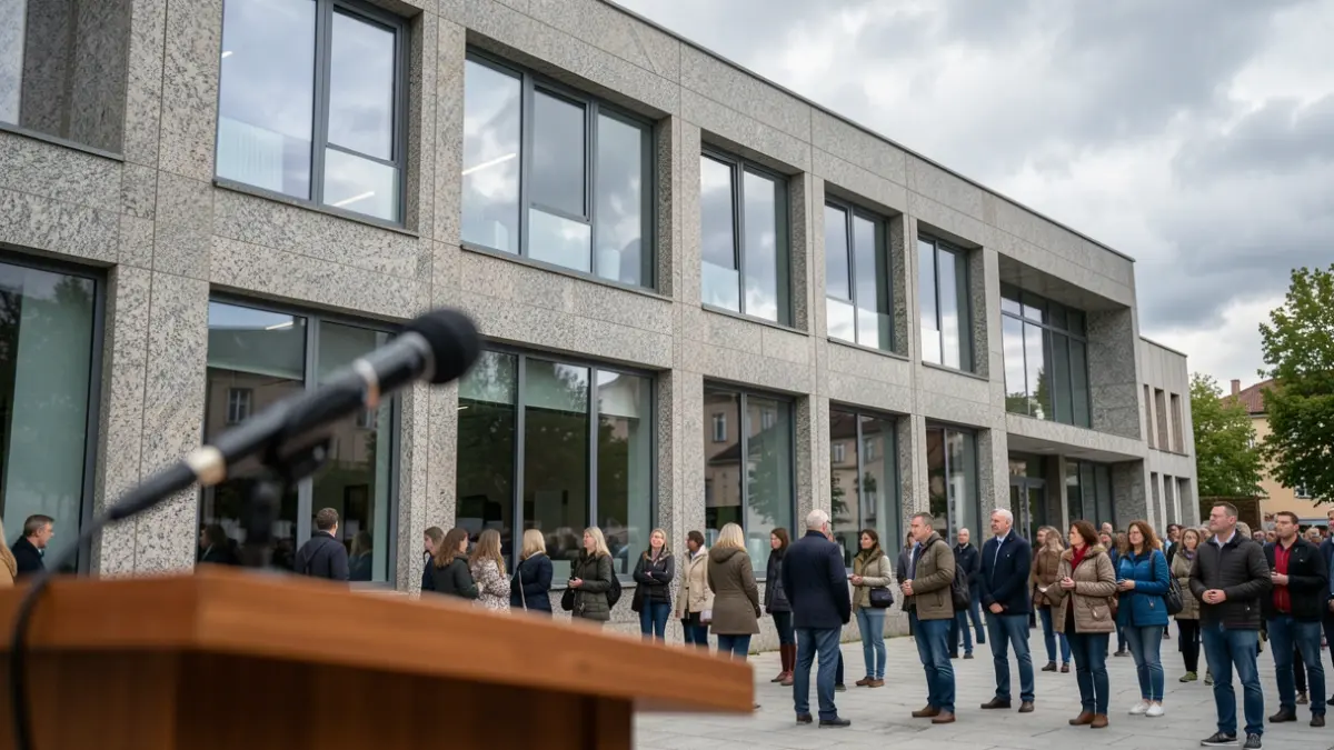 Imagen genérica de un edificio universitario de granito en Galicia con grandes ventanales y un micrófono en un atril desenfocado.