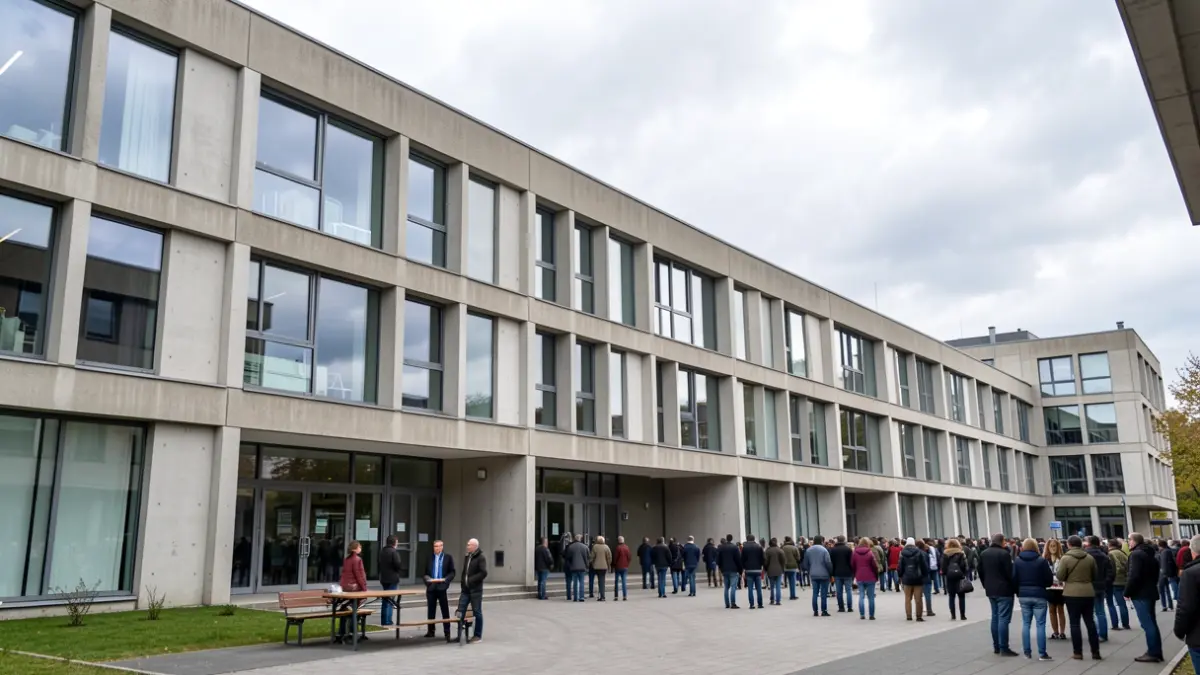 Generic image of a modern university building with large windows and concrete elements, under a cloudy sky.