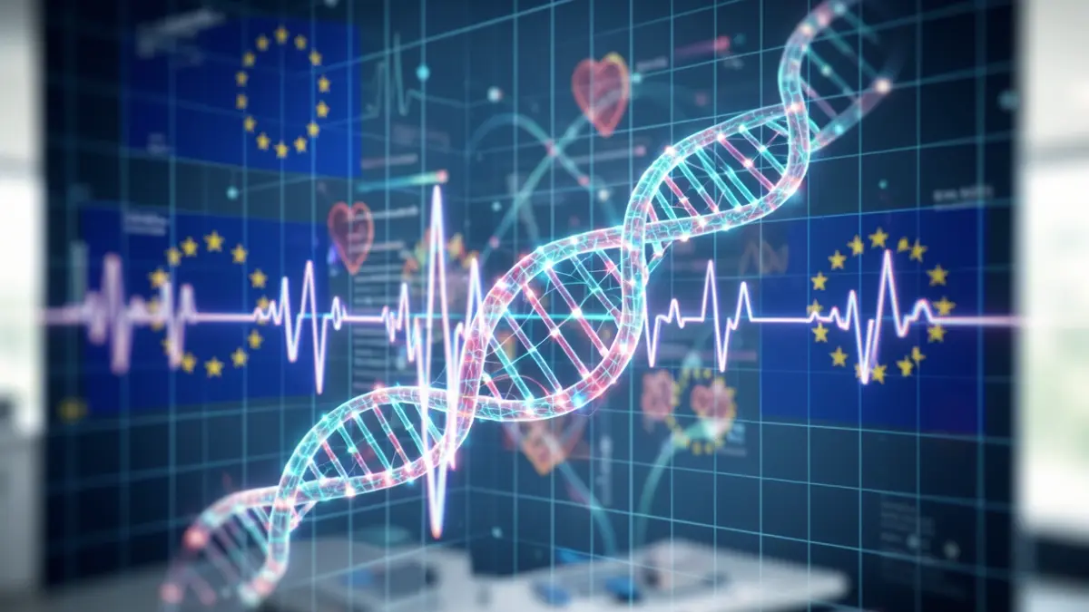 Imaxe xenérica de redes neurais brillantes entrelazadas con símbolos médicos sobre un fondo de bandeiras da Unión Europea nunha grella dixital.